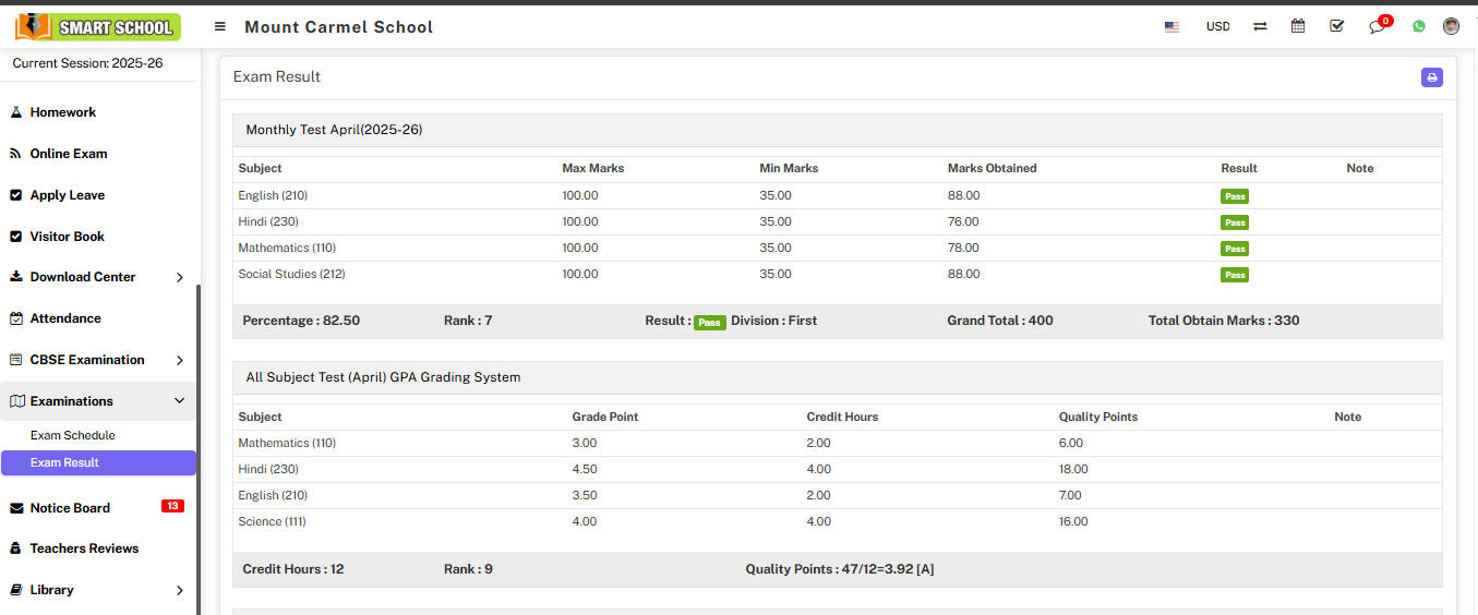 Student Exam result image