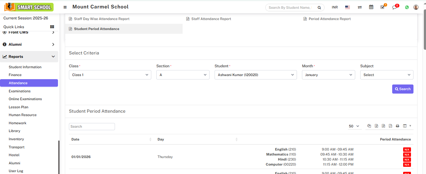 Student period attendance report image