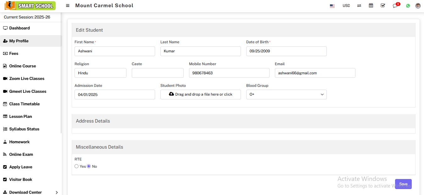 Save Student Profile Information