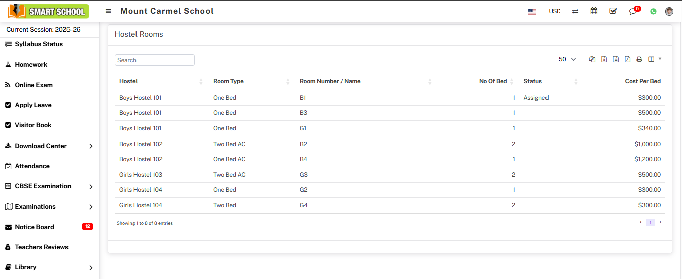 student hostel room list image