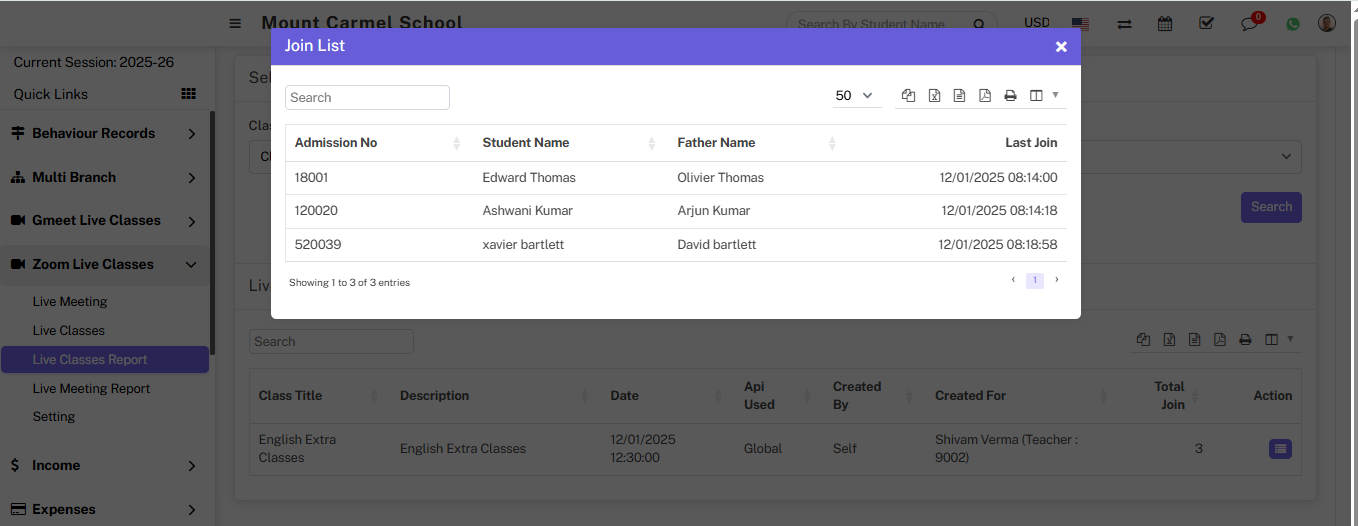 live class report join list