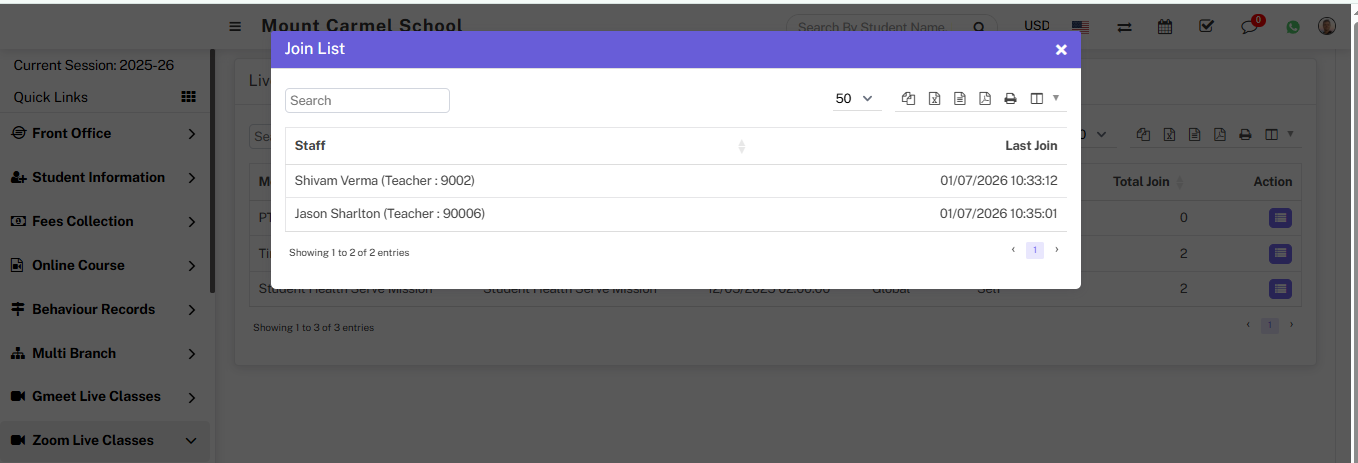 live meeting report join list