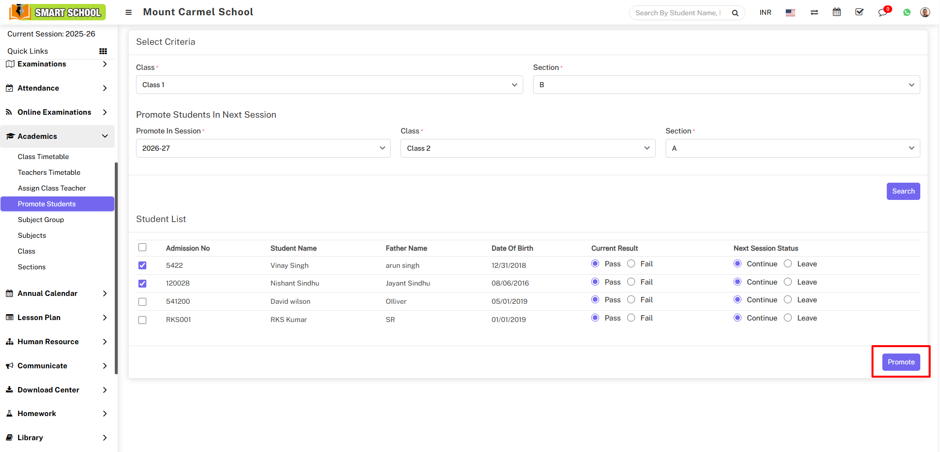 promote student next session image