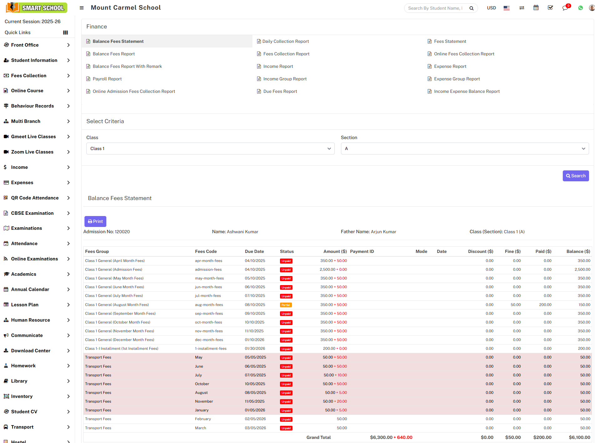 balance fees statement