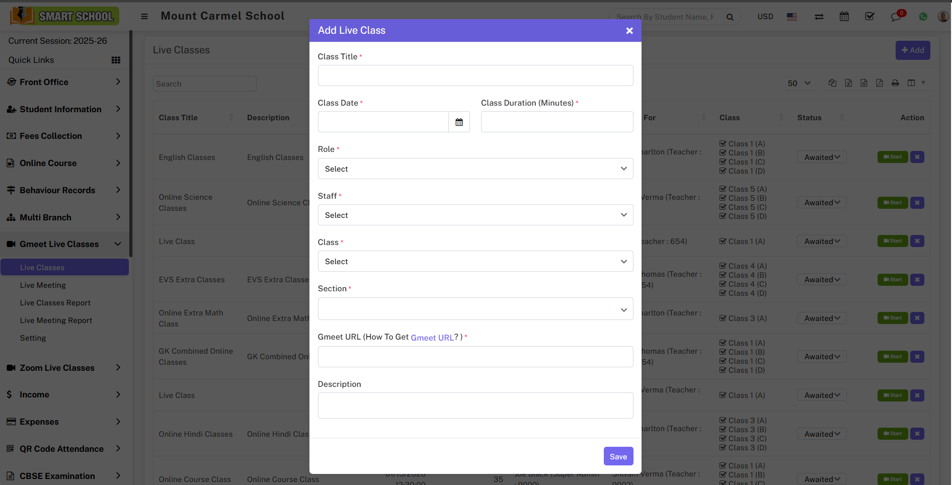 Gmeet create live class image
