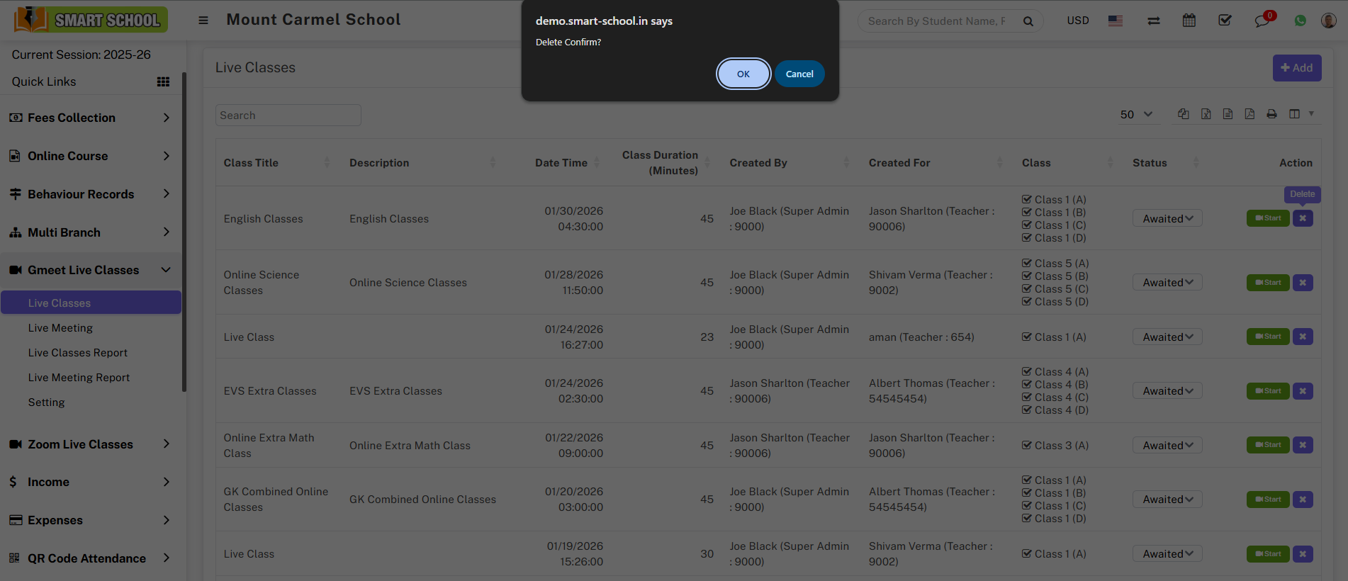 Gmeet delete live class