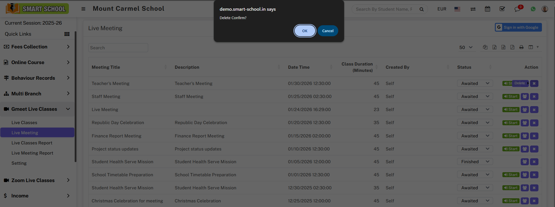 Gmeet delete live meeting