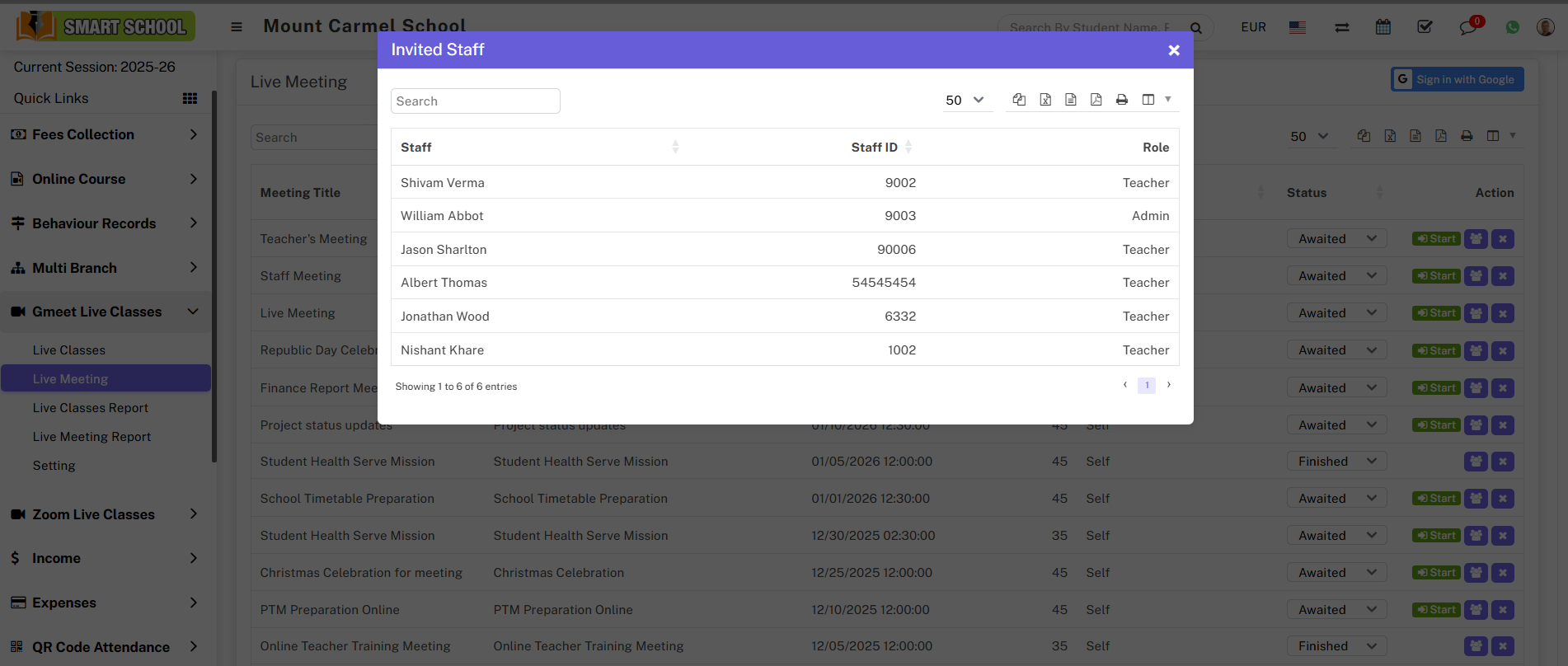 Gmeet Invited Staff list in live Meeting image