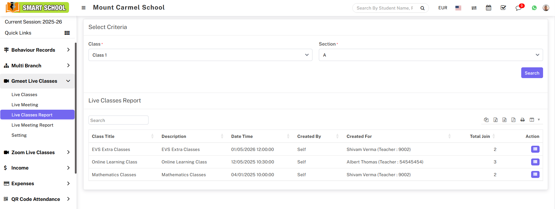 Gmeet live class report image