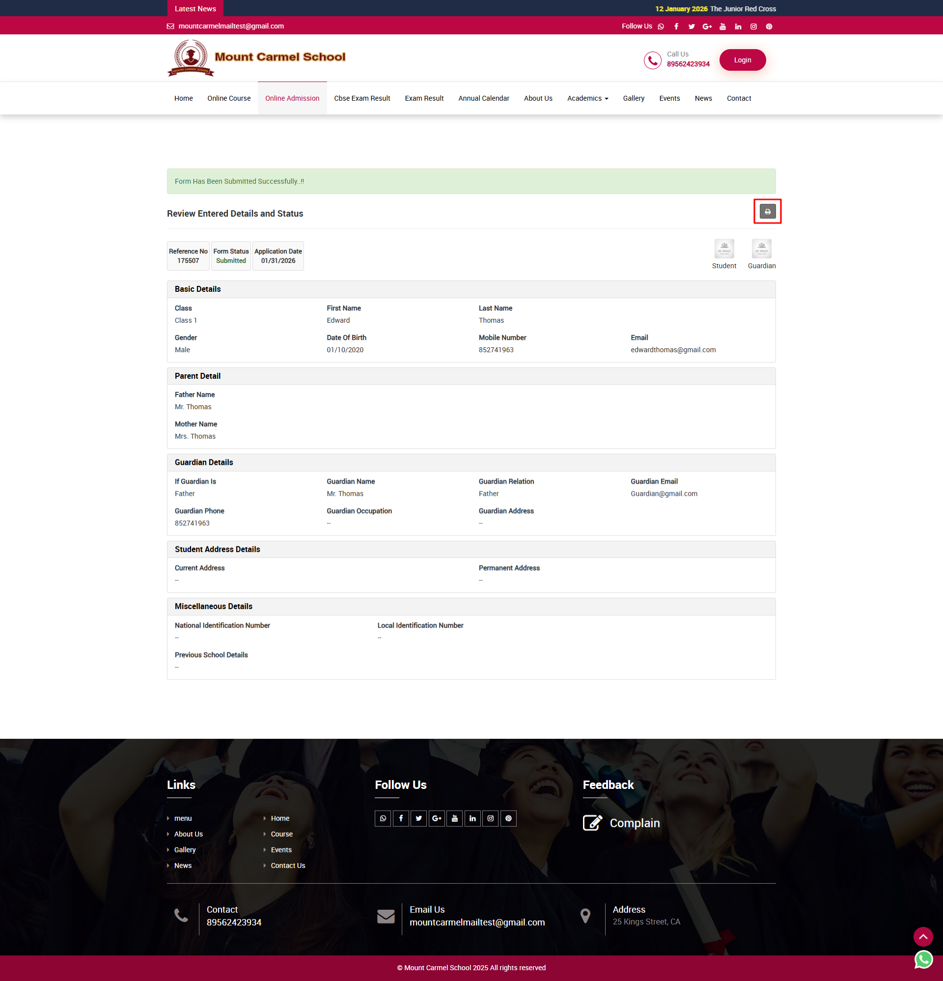 online admission admin site print image
