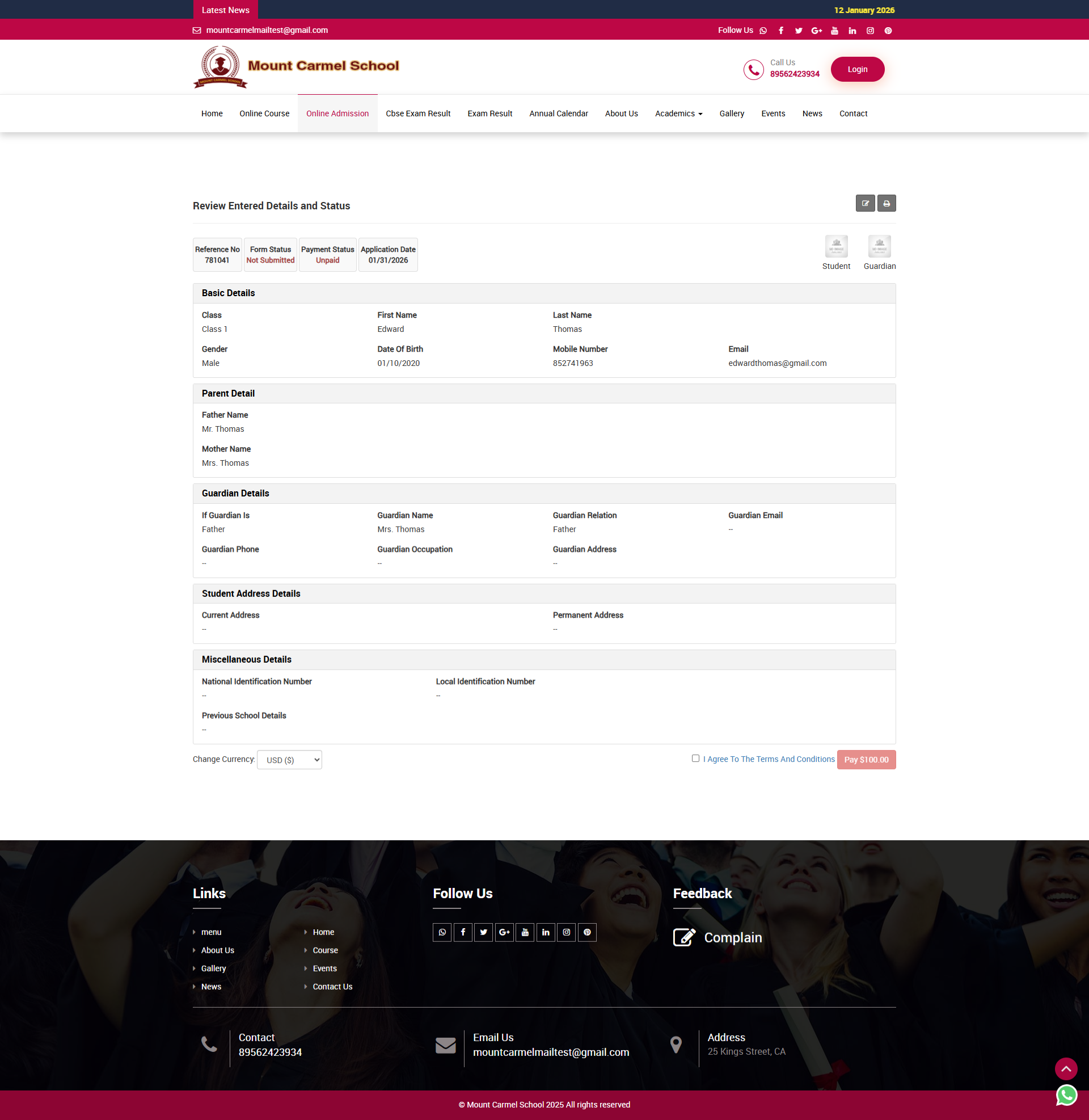 online admission check review detail