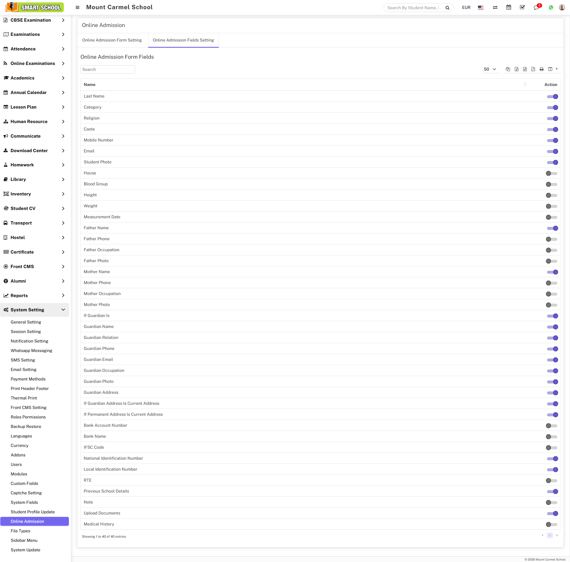 online admission manage fields