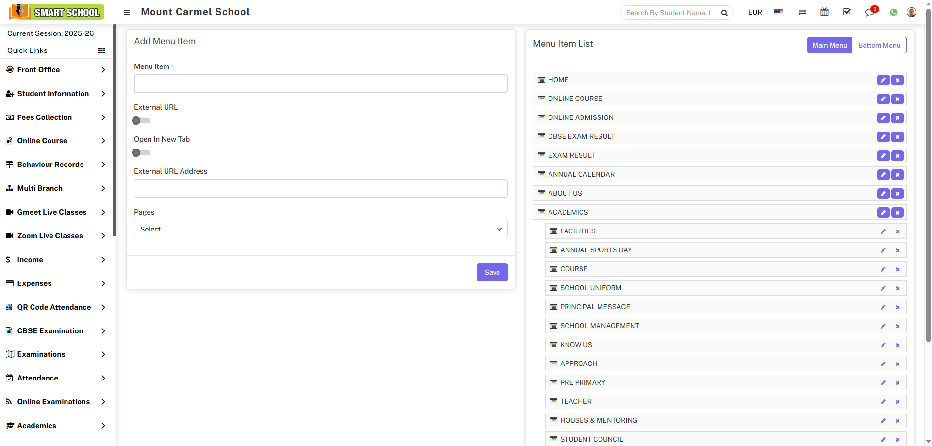 online admission menu