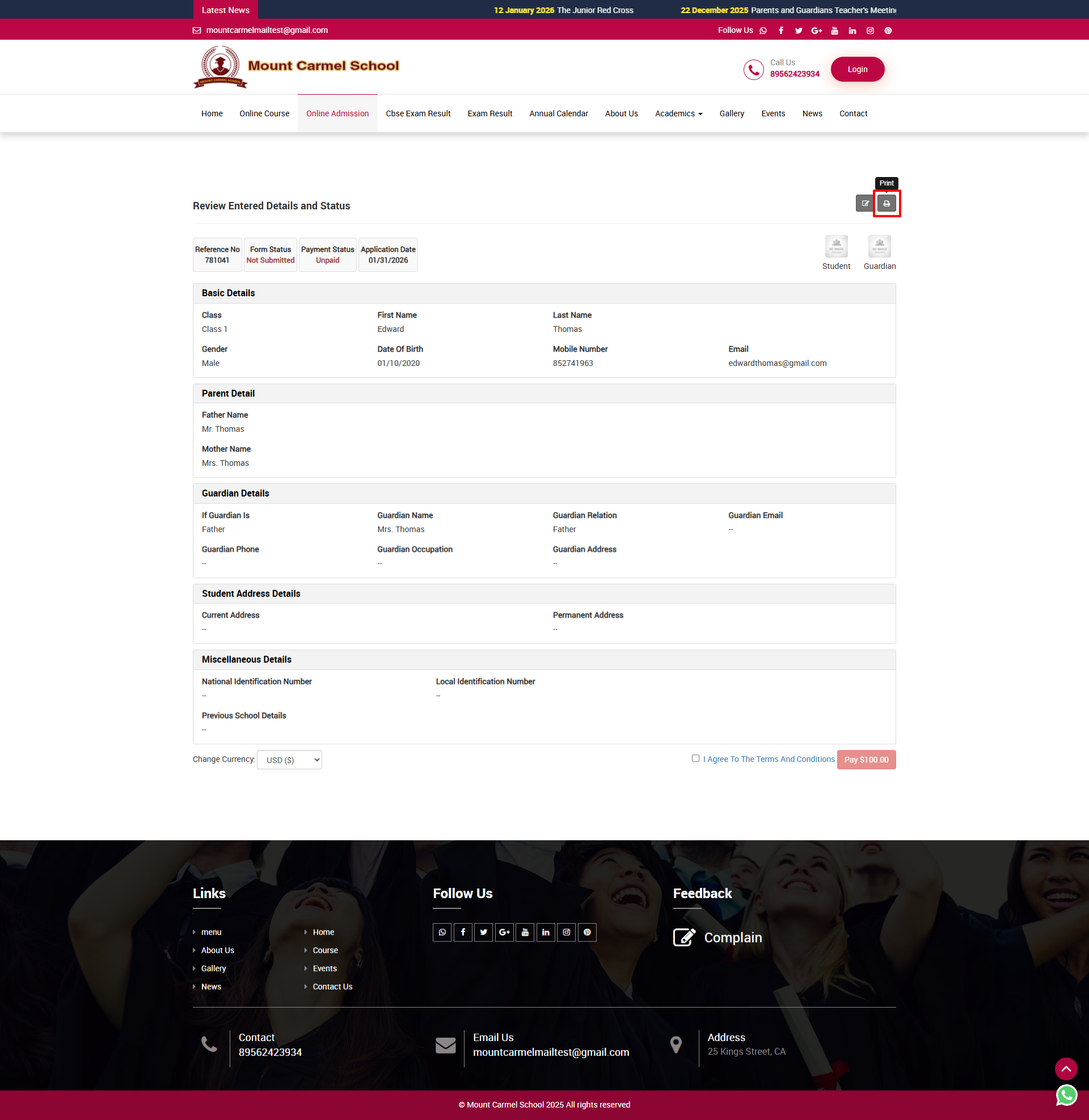 online admission print review