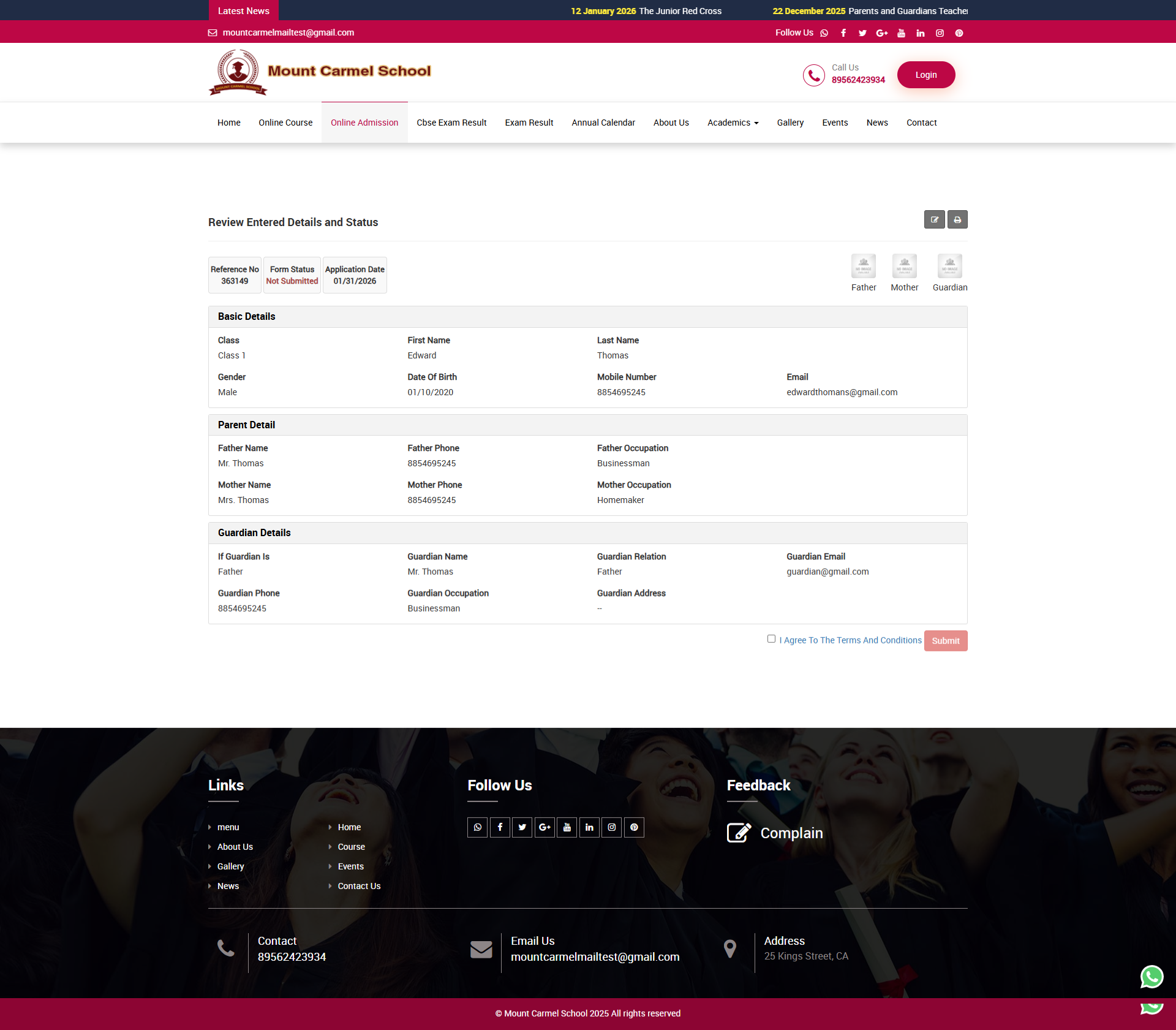 online admission review detail