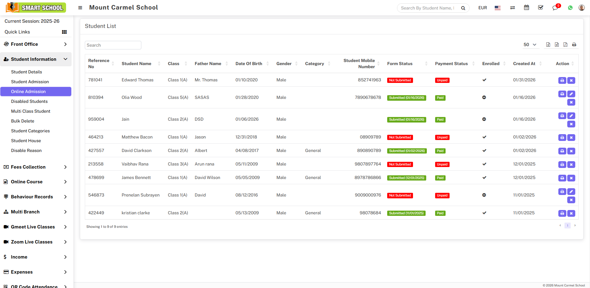 online admission student list