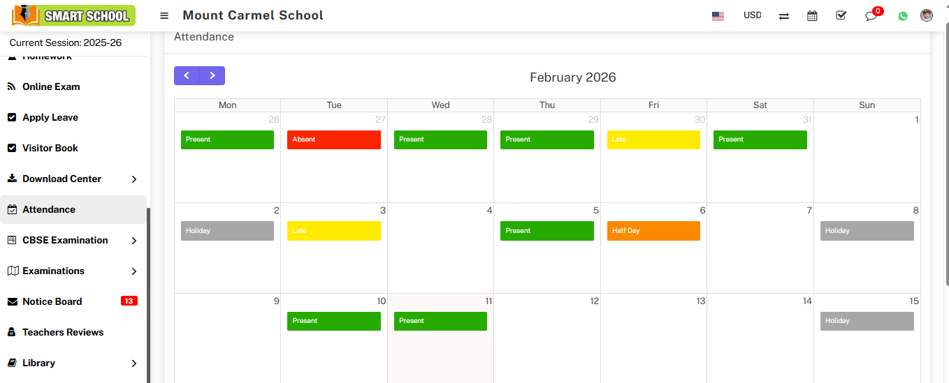 Student view monthly attendance image