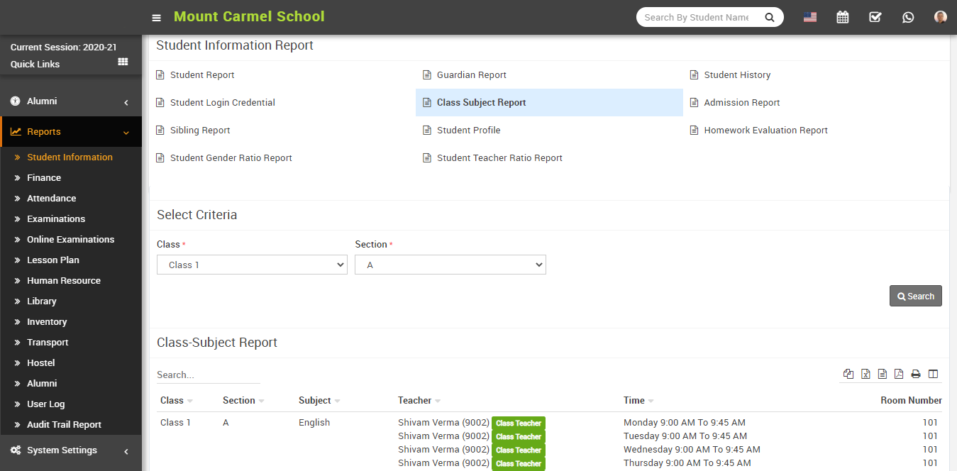 Class subject report image
